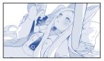  2girls animal_ear_fluff animal_ears blue_archive commentary_request dress girl_on_top greyscale halo kiss long_hair lying mika_(blue_archive) monochrome multiple_girls necktie on_back pillow seia_(blue_archive) sweat yun_(dust-i1) yuri 