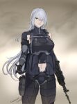  1girl ak-15 ak-15_(girls&#039;_frontline) armor assault_rifle commission cowboy english_commentary girls&#039;_frontline grey_hair gun hair_over_one_eye handgun highres holding holding_gun holding_weapon holster holstered kalashnikov_rifle long_hair looking_at_viewer midriff navel parted_lips pouch purple_eyes rifle seilindekos simple_background solo straight-on tactical_clothes thigh_holster weapon 