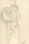 anthro big_breasts big_butt breasts butt chameleon chameleon_(kung_fu_panda) dreamworks female graphite_(artwork) hi_res kung_fu_panda line_art lizard lobar looking_at_viewer monochrome nude pencil_(artwork) reptile scalie side_boob simple_background smile smiling_at_viewer solo tail traditional_media_(artwork)