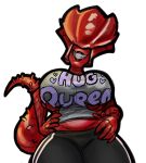  alien alien_(franchise) alpha_channel big_breasts breasts clothing covered_eyes female hi_res humanoid leggings legwear looking_at_viewer lostwisdom printed_t-shirt red_body simple_background smile smiling_at_viewer solo tail transparent_background wide_hips xenomorph xenomorph_queen 