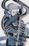  1boy black_gloves blue_coat blue_eyes coat devil_may_cry_(series) devil_may_cry_5 fingerless_gloves gloves hair_slicked_back highres holding holding_sword holding_weapon katana looking_at_viewer male_focus solo sword vergil_(devil_may_cry) weapon white_hair yamato_(sword) 