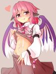  1girl animal_ears bird_ears bird_wings blush breasts brown_skirt brown_vest closed_mouth collared_shirt cum cum_on_body cum_on_stomach grey_background hair_between_eyes heart highres long_sleeves looking_at_viewer mystia_lorelei nama_shirasu no_headwear panties pink_eyes pink_hair shirt short_hair simple_background skirt sleeve_garter small_breasts smile solo tongue tongue_out touhou underboob underwear vest white_panties white_shirt white_wings wings 