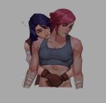  2girls abs arcane:_league_of_legends arcane_caitlyn arcane_vi bandaged_arm bandages bella_nalin_(redtreaclx) blue_eyes blue_hair breasts brown_gloves caitlyn_(league_of_legends) closed_mouth facial_tattoo front-to-back gloves grey_background grey_sports_bra half-closed_eyes head_on_another&#039;s_shoulder heart highres hug hug_from_behind league_of_legends leaning_on_person looking_at_another multiple_girls navel pink_hair scar short_hair simple_background sports_bra tattoo toned toned_female upper_body vi_(league_of_legends) yuri 