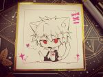  1boy absurdres animal_ear_fluff animal_ears animal_feet art_tools_in_frame ballpoint_pen_(medium) cat_boy cat_ears cat_tail chibi chibi_only chinese_commentary collared_shirt commentary_request greyscale hair_between_eyes highres jacket kemonomimi_mode male_focus monochrome no_nose open_clothes open_jacket open_mouth pants panyang red_eyes saibou_shinkyoku shirt short_hair sitting solo sparkle spot_color tail theodore_riddle traditional_media 