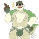 2024 5_fingers anthro arm_tuft belly big_nipples big_pecs big_tail biped bonnet brown_bonnet brown_clothing brown_ears brown_face brown_fingers brown_headgear brown_headwear bulge chesnaught chest_tuft clothed clothing countershade_tail countershade_torso countershading digital_drawing_(artwork) digital_media_(artwork) eyes_closed fingerless_gloves fingers generation_6_pokemon gesture gloves green_arms green_bonnet green_clothing green_fingerless_gloves green_gloves green_handwear green_head green_headgear green_headwear green_jockstrap green_tail green_underwear hand_on_hip hand_on_own_hip handwear headgear headwear hi_res inner_ear_fluff jockstrap male mammal multicolored_clothing multicolored_headwear navel nintendo nipples open_mouth open_smile pecs pokemon pokemon_(species) pubes sharp_teeth signature simple_background smile smiling_at_viewer solo standing tail tan_belly tan_chest tan_face tan_inner_ear tan_inner_ear_fluff tan_legs tan_nipples tan_tail teeth tongue topless topless_anthro topless_male tuft two_tone_bonnet two_tone_clothing two_tone_face two_tone_headgear two_tone_headwear two_tone_tail underwear white_background white_eyes white_pubes white_tuft