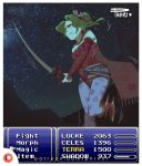  1girl artist_name bare_shoulders between_legs blue_eyes boots border breasts cape character_name clenched_teeth cloud earrings english_text female final_fantasy final_fantasy_vi floral_print flower gameplay_mechanics hair_flower hair_ornament half-closed_eye hand_between_legs have_to_pee health_bar holding holding_sword holding_weapon jewelry knees_together_feet_apart leg_lift leggings long_sleeves motion_blur motion_lines night night_sky one_eye_closed outdoors patreon_logo patreon_username phinci pink_flower ponytail purple_legwear red_footwear red_shirt shirt signature sky small_breasts solo standing star_(sky) starry_sky sweat sword teeth tied_hair tina_branford trembling watermark weapon web_address white_border 