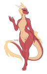  anthro barely_visible_genitalia barely_visible_pussy claws dragon eyelashes featureless_chest female genitals hi_res horn mythological_creature mythological_scalie mythology navel purple_eyes pussy pyrexia red_body red_scales scales scalie seductive shycryptid simple_background smile solo standing tail toe_claws white_background 