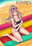  1girl absurdres arm_under_breasts artist_logo barefoot beach beach_mat black-framed_eyewear black_one-piece_swimsuit blue-tinted_eyewear blush breasts closed_mouth collarbone competition_swimsuit covered_navel embarrassed emblem english_commentary feet from_above frown full_body goddess_of_victory:_nikke goggles goggles_on_head hair_intakes hand_on_own_thigh highres holding_own_arm light_brown_hair looking_at_viewer mannybs34 medium_breasts nose_blush ocean official_alternate_costume one-piece_swimsuit orange_eyes outdoors rapi_(classic_vacation)_(nikke) rapi_(nikke) sand sideboob sitting solo summer swimsuit taut_clothes taut_swimsuit thighs tinted_eyewear twitter_username wariza 
