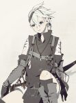  1boy black_eyes boots expressionless gloves grey_hair jacket jewelry looking_to_the_side male_focus malt_40 necklace nier nier_(brother) nier_(series) solo sword weapon 