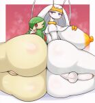  anthro areola ass_to_ass balls big_breasts biped breasts butt duo eyelashes female gardevoir generation_3_pokemon generation_7_pokemon genitals green_hair gynomorph hair hi_res huge_breasts intersex looking_back matospectoru nintendo nipples penis pheromosa pokemon pokemon_(species) pupils pussy smile take_your_pick thick_thighs ultra_beast white_body 