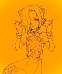  1girl bags_under_eyes belt bow brooch buttons closed_eyes cowboy_shot crying double-breasted dress facing_viewer frilled_wrist_cuffs frills furrowed_brow hair_bow hair_over_one_eye hands_up idolmaster idolmaster_cinderella_girls jewelry lineart long_bangs monochrome neck_ribbon one_eye_covered orange_theme parted_lips payama puffy_short_sleeves puffy_sleeves raised_eyebrows ribbon sad sad_smile shirasaka_koume short_dress short_eyebrows short_hair short_sleeves simple_background solo standing wrist_cuffs 