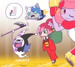  1boy 1girl blush blush_stickers closed_eyes floating flower flying ghost green_eyes hair_flower hair_ornament japanese_clothes jetpack kimono long_hair motemacool multicolored_hair nollety open_mouth pink_hair red_kimono robonyan_f-gata scythe smile tablet_pc tsubakihime_(youkai_watch) two-tone_hair whisbaba whisper_(youkai_watch) youkai_(youkai_watch) youkai_pad youkai_watch 