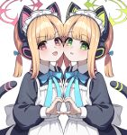  2girls absurdres animal_ear_headphones animal_ears apron black_dress blonde_hair blue_archive blush cat_tail dress fake_animal_ears green_eyes green_halo halo headphones heart heart_hands heart_hands_duo highres maid maid_apron maid_headdress midori_(blue_archive) midori_(maid)_(blue_archive) momoi_(blue_archive) momoi_(maid)_(blue_archive) multiple_girls official_alternate_costume okayusonmu open_mouth pink_halo puffy_short_sleeves puffy_sleeves red_eyes short_hair short_sleeves siblings simple_background sisters smile tail twins white_apron white_background 