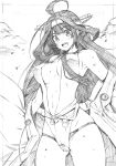  :d absurdres ahoge armpits ass_visible_through_thighs blush breasts cowboy_shot greyscale headgear highres kantai_collection kojima_takeshi kongou_(kantai_collection) large_breasts long_hair monochrome navel off_shoulder open_mouth smile solo swimsuit traditional_media 
