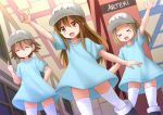  &gt;_&lt; :3 :d ^_^ arm_up blue_dress blush brown_eyes brown_hair character_name closed_eyes commentary dress english eyebrows_visible_through_hair fang flat_cap hair_between_eyes hat hataraku_saibou highres indonesian_commentary kazenokaze long_hair looking_at_viewer middle_finger multiple_girls open_mouth platelet_(hataraku_saibou) pointing short_hair smile thighhighs white_hat white_legwear xd 