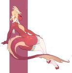  anthro breasts butt claws clothing dragon eyelashes featureless_breasts featureless_crotch female hi_res horn jewelry legwear mythological_creature mythological_scalie mythology purple_eyes pyrexia red_body red_scales scales scalie shycryptid simple_background solo tail thigh_highs toe_claws 