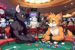  anthro athletic athletic_male blush canid canine casino casino_table detailed_background duo eyewear fox gambling glasses male mammal mouse murid murine nude pince-nez poker_chip pulpang rodent sitting wristband 