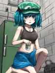  alternate_costume armpit_crease bad_id bad_pixiv_id bangs bare_arms bare_shoulders basket black_bra blue_eyes blue_hair blue_skirt blurry blush bra breasts brick_wall can cinder_block cleavage collarbone colored_eyelashes commentary_request depth_of_field electric_socket expressionless flat_cap green_hat hair_bobbles hair_ornament hat highres holding holding_can indoors kappa kawashiro_nitori legs light_smile looking_at_viewer mame_(mame3737) medium_breasts midriff miniskirt one_knee parted_lips plug refrigerator short_hair short_twintails sideboob skirt sleeveless solo sports_bra thighs touhou twintails two_side_up underwear 