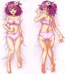  ass ass_visible_through_thighs back bangs barefoot bed_sheet blush bow bow_bra bow_panties bra breasts cleavage collarbone commentary_request crotch_seam dakimakura eyebrows_visible_through_hair flower from_above frown full_body hair_flower hair_ornament hand_on_own_stomach hand_on_own_thigh hieda_no_akyuu legs looking_at_viewer looking_back lying medium_breasts medium_hair multiple_views on_back on_bed on_stomach open_mouth panties pink_bra pink_panties purple_hair tearing_up thigh_gap touhou underwear underwear_only zanntetu 