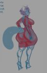  2024 anthro balls biped boosterpang canid canine charlotte_ania_lafey_(adalee) clothed clothing digital_media_(artwork) dress ears_up english_text female footwear fox genitals gynomorph_(lore) hair hi_res high_heels looking_at_viewer looking_back looking_back_at_viewer mammal rear_view red_fox short_hair silver_fox sketch solo standing tail text true_fox unfinished 