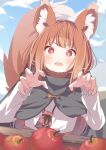  1girl :d animal_ear_fluff animal_ears apple blue_sky blurry blurry_background blush brown_hair capelet claw_pose cloud commentary_request daidai_ookami day depth_of_field fangs food fruit grey_capelet hands_up highres holo long_sleeves looking_at_viewer outdoors puffy_long_sleeves puffy_sleeves red_apple red_eyes shirt sky smile solo spice_and_wolf tail upper_body white_shirt wolf_ears wolf_girl wolf_tail 