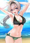  1girl absurdres arms_behind_head beach bikini black_hairband blue_pupils blue_sky breasts cleavage cloud commentary_request day firefly_(honkai:_star_rail) grey_hair hair_between_eyes hairband highres honkai:_star_rail honkai_(series) horizon long_hair looking_at_viewer medium_breasts mismatched_bikini ocean outdoors ponytail side-tie_bikini_bottom sky smile solo swimsuit two-tone_eyes unyon_bbunco 