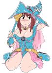  1girl bare_shoulders blue_footwear blue_hat blush boots breasts brown_hair capelet cleavage cosplay dark_magician_girl dark_magician_girl_(cosplay) dress duel_monster full_body hat highres holding holding_wand kiruko_(tengoku_daimakyou) long_hair looking_at_viewer medium_breasts off-shoulder_dress off_shoulder pelvic_curtain pink_capelet pink_skirt simisimimountain simple_background sitting skirt smile solo tengoku_daimakyou wand wariza white_background wizard_hat yu-gi-oh! yu-gi-oh!_duel_monsters 
