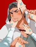  bara bead_necklace beads blush bone_color919 brown_hair cross_scar facial_hair fang goatee_stubble grey_kimono hand_on_another&#039;s_chest hand_on_another&#039;s_chin hand_on_another&#039;s_face hand_on_another&#039;s_hand hand_tattoo highres hood hood_up hooded_jacket houzouin_oniwaka jacket japanese_clothes jewelry kimono male_focus muscular muscular_male necklace out_of_frame pectoral_cleavage pectorals pov pov_hands protagonist_1_(housamo) protagonist_2_(housamo) protagonist_3_(housamo) protagonist_4_(housamo) protagonist_5_(housamo) red_background scar short_hair sideburns_stubble simple_background sparse_chest_hair star_(symbol) stubble tassel tattoo thick_eyebrows tokyo_afterschool_summoners 