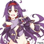  1girl :d ahoge armor bare_shoulders breastplate commentary_request dated detached_sleeves fingerless_gloves gloves grey_background hair_between_eyes hair_intakes hairband hands_up heart heart_hands highres long_hair long_sleeves navel open_mouth parted_bangs pointy_ears purple_armor purple_gloves purple_hair purple_sleeves red_eyes red_hairband shikei simple_background smile solo stomach sword_art_online upper_body white_background yuuki_(sao) 