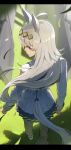  1girl ahoge animal_ears blue_sailor_collar commentary_request ear_ornament from_above grey_eyes grey_hair grey_tail highres horse_ears horse_girl horse_tail long_hair long_sleeves looking_at_viewer looking_back no_842 oguri_cap_(starlight_beat)_(umamusume) oguri_cap_(umamusume) pleated_skirt sailor_collar skirt starting_gate tail umamusume 