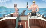  1girl blonde_hair blue_eyes boat brown_hair commentary_request dark_skin korean_commentary mk001black muscle ocean original seal self_upload ship summer sunglasses swimsuit vacation watercraft 