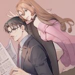  1boy 1girl black_choker black_hair breasts brown_hair brown_jacket brown_suit choker collared_shirt commentary_request couple dress facial_hair formal glasses grey_shirt hair_between_eyes holding holding_newspaper husband_and_wife jacket kudou_yukiko kudou_yuusaku large_breasts long_hair long_sleeves looking_at_viewer meitantei_conan mustache necktie newspaper numbered on_chair pink_dress profile red_necktie shirt short_hair simple_background smile suit v yoshicha 