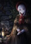  1girl ascot bloodborne bonnet cloak doll_joints emon_(glossy_black) expressionless grey_eyes joints lantern leaf looking_at_viewer own_hands_together plain_doll solo white_hair 
