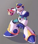  1boy android arm_cannon armor blue_helmet clenched_teeth first_armor_x_(mega_man) forehead_jewel grey_background highres male_focus mega_man_(series) mega_man_x_(series) serious shoulder_armor simple_background solo surrealmason teeth weapon white_armor white_footwear white_helmet x_(mega_man) x_buster 