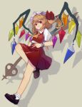  1girl absurdres artist_name ascot blonde_hair bobby_socks brown_footwear commentary_request crystal flandre_scarlet full_body hat highres knee_up laevatein_(touhou) loafers long_hair looking_at_viewer mob_cap one_side_up orange_ascot parted_lips puffy_short_sleeves puffy_sleeves red_eyes red_ribbon red_skirt red_vest ribbon shirt shoes short_sleeves skirt smile socks solo touhou twitter_username user_knyy7527 vest white_hat white_shirt white_socks wings wrist_cuffs 