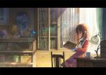  1girl blue_butterfly book bookshelf brown_hair bug butterfly chair closed_mouth cup day desk desk_lamp dress globe green_eyes highres hirose_yuki indoors lamp mug original plant reading red_dress solo window window_shadow 