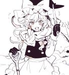 1girl apron bow braid gloves hat hat_bow highres holding icicle kirisame_marisa long_hair long_sleeves looking_at_viewer monochrome mozukuzu_(manukedori) open_mouth outdoors shovel side_braid single_braid smile snowman solo teeth touhou upper_teeth_only waist_apron witch_hat 