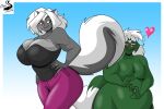  anthro big_breasts breasts chris_t._snuggleskunk chrisandcompany clothed clothing curvy_figure duo female flirting green_body hair heart_symbol hi_res kelsey_sienna looking_back male mammal mephitid multicolored_body obese overweight skunk tail_seduction thick_thighs two_tone_body voluptuous white_hair wide_hips 