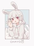  1girl absurdres animal_ears colon_br grey_hair grey_hoodie hair_ornament highres hood hood_down hoodie looking_at_viewer open_mouth original outside_border rabbit rabbit_ears rabbit_hair_ornament red_eyes simple_background solo tail waving white_background 