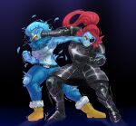  absurd_res anonymous_artist anthro armor avian bird breasts clothing duo female fight fish hair hi_res long_hair marine martlet_(undertale_yellow) navel punch punching_face thedarkzircon thick_thighs torn_clothing undertale_(series) undertale_yellow undyne 