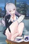  1girl absurdres bare_legs barefoot black_bow black_jacket black_skirt bow breasts bronya_zaychik bronya_zaychik_(outstanding_attitude)_(honkai_impact) bronya_zaychik_(silverwing:_n-ex) building chibi chibi_inset chinese_commentary cityscape cleavage coffee_mug collarbone commentary couch cup feet grey_hair hair_bow highres holding holding_paper holding_pen honkai_(series) honkai_impact_3rd indoors jacket lanyard large_breasts long_hair m78_zaitaoaotezhanshi mug office_lady official_alternate_costume official_art_inset open_clothes open_jacket paper pen pen_to_mouth ribbed_shirt seele_vollerei seele_vollerei_(stygian_nymph) shirt sitting skirt soles solo thigh_strap toes white_shirt window 