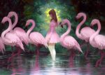  1girl bird brown_hair dress flamingo forest from_side hair_behind_ear kilart long_hair looking_down nature off-shoulder_dress off_shoulder original pink_dress solo standing thighhighs water white_thighhighs 