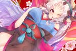  1girl black_kimono blue_kimono butterfly_wings crown_of_thorns edamameoka facial_mark fairy_wings fire_emblem fire_emblem_heroes forehead_mark highres insect_wings japanese_clothes kimono official_alternate_costume open_mouth plumeria_(fire_emblem) plumeria_(new_year)_(fire_emblem) red_eyes red_trim textless_version two-tone_kimono wings 