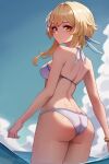  1girl absurdres ass back bare_shoulders bikini blonde_hair blue_sky breasts commentary english_commentary flower genshin_impact hair_flower hair_ornament highres looking_at_viewer looking_back lumine_(genshin_impact) medium_breasts short_hair_with_long_locks sidelocks sky smile swimsuit unstableboiler yellow_eyes 
