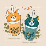  animal-themed_food blush_stickers brown_background bubble_tea commentary constellation crescent cup disposable_cup dog drinking_straw emily_kim english_commentary english_text food_focus grid_background instagram_username leaf moon_phases no_humans original simple_background sparkle welsh_corgi 