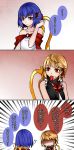  3koma alternate_costume aoshima bangs bare_shoulders black_dress black_vest blonde_hair blue_hair bow chair check_translation closed_mouth collarbone comic commentary_request dress eating emphasis_lines empty_eyes fang food food_in_mouth frills from_behind gradient gradient_background hair_ribbon hand_up hidden_eyes highres looking_at_viewer meat mouth_hold multiple_girls no_hat no_headwear off-shoulder_dress off_shoulder pink_lips red_background red_bow red_eyes red_ribbon remilia_scarlet ribbon rumia shaded_face shiny shiny_skin short_hair simple_background sitting sleeveless smile speech_bubble touhou translation_request trembling tsurime upper_body vest white_background white_dress 