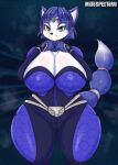  2024 anthro artist_name big_breasts blue_body blue_fur blue_hair blush breasts canid canine clothed clothing female fox fur hair hi_res huge_breasts krystal_(star_fox) looking_at_viewer mammal matospectoru nintendo solo star_fox tail tight_clothing white_body white_fur 
