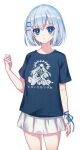  1girl 42038024 blue_eyes blue_shirt character_print cowboy_shot date_a_live expressionless hair_ornament hairclip hand_up long_hair looking_at_viewer pleated_skirt shirt short_hair skirt solo string tobiichi_origami white_background white_hair white_skirt 