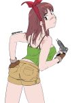  1girl artist_name ass bow breasts brown_hair closed_mouth commentary_request cosplay denim denim_shorts dragon_ball fingerless_gloves from_behind gloves green_tank_top gun hand_on_own_ass highres holding holding_gun holding_weapon kiruko_(tengoku_daimakyou) long_hair looking_at_viewer lunch_(dragon_ball) lunch_(dragon_ball)_(cosplay) medium_breasts red_bow scar scar_on_back short_shorts shorts simisimimountain simple_background smile solo tank_top tengoku_daimakyou thighs twitter_username weapon white_background 