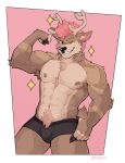 2024 2_horns abs absurd_res anthro barazoku big_muscles biped boxers_(clothing) clothed clothing deer flexing flexing_bicep hair hi_res horn looking_at_viewer male mammal muscular muscular_anthro muscular_male one_eye_closed partially_clothed pecs pink_hair solo standing taffyfever underwear underwear_down wink winking_at_viewer